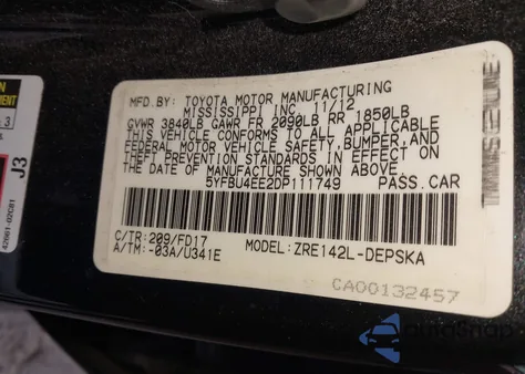 2013 Toyota Corolla S from USA, damaged, VIN 5YFBU4EE2DP111749